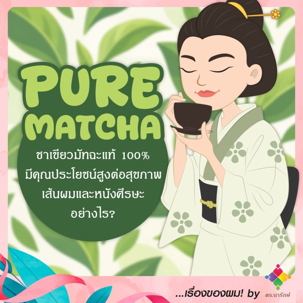 ภาพการ์ตูนหญิงสาวสวมกิโมโนจิบชามัทฉะ พร้อมข้อความ Pure Matcha ชาเขียวมัทฉะแท้ มีประโยชน์ต่อเส้นผมและหนังศีรษะอย่างไร