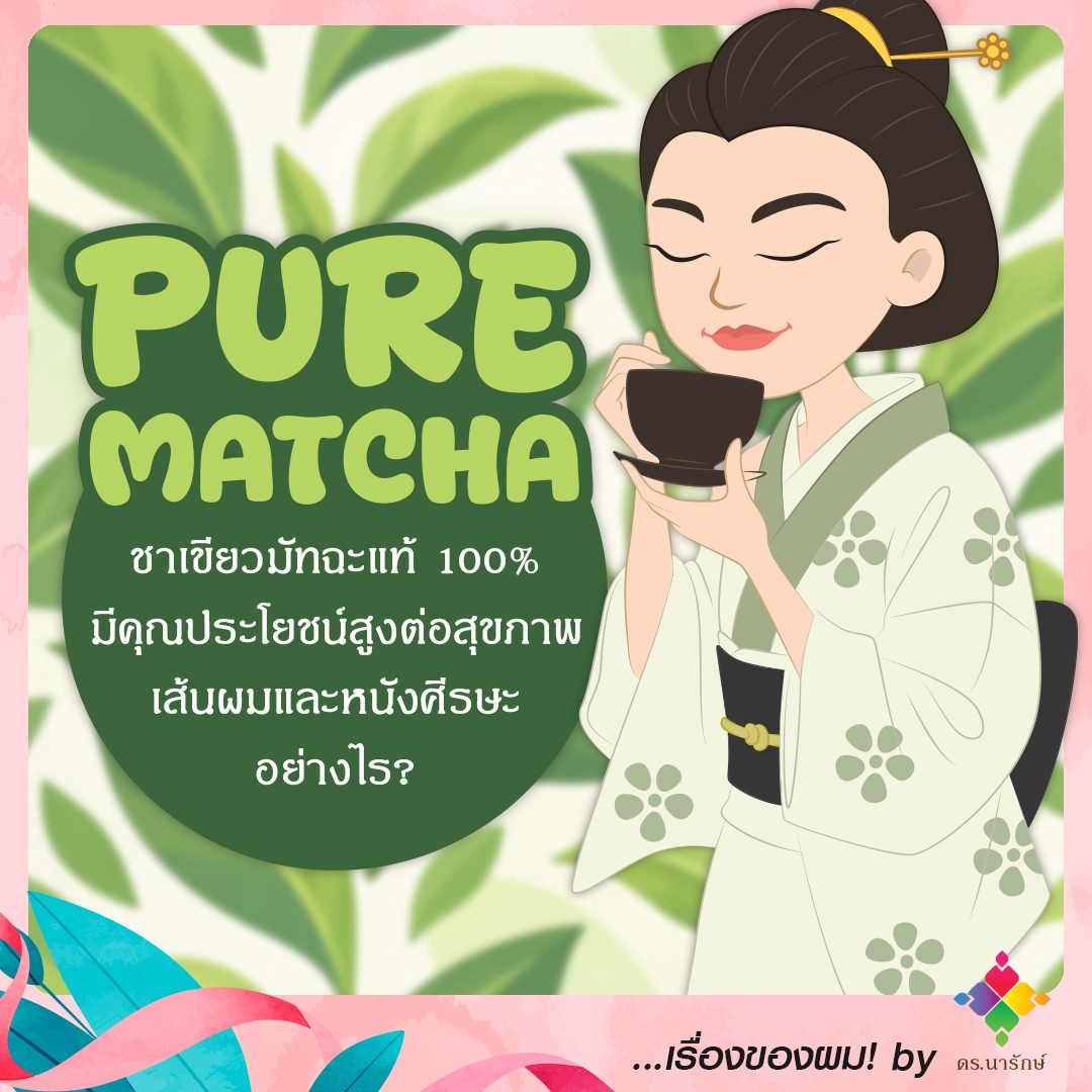 ภาพการ์ตูนหญิงสาวสวมกิโมโนจิบชามัทฉะ พร้อมข้อความ Pure Matcha ชาเขียวมัทฉะแท้ มีประโยชน์ต่อเส้นผมและหนังศีรษะอย่างไร