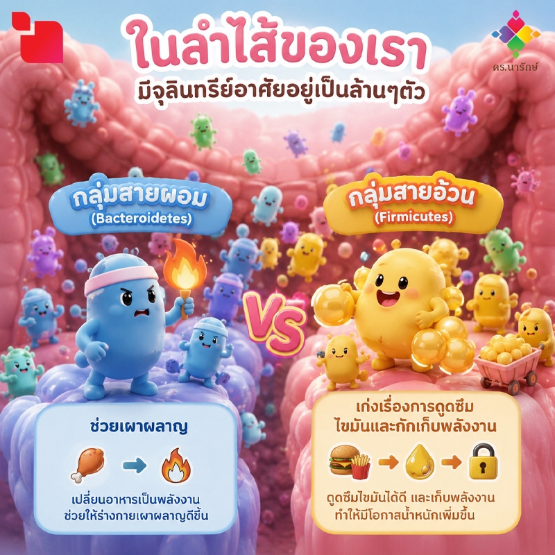ภาพการ์ตูนจุลินทรีย์ในลำไส้ กลุ่มสายผอม Bacteroidetes เทียบกับกลุ่มสายอ้วน Firmicutes