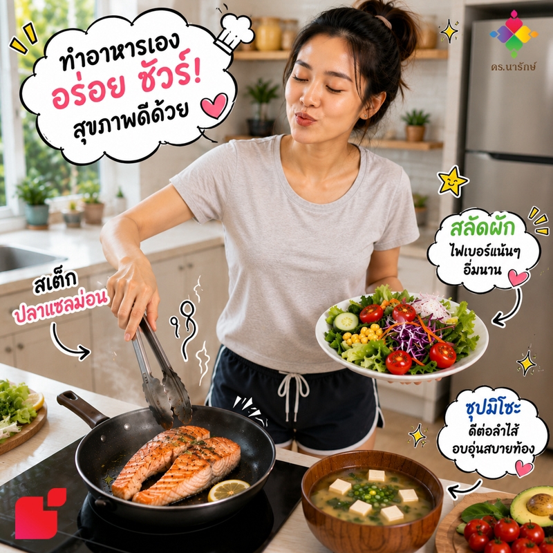 หญิงสาวทำอาหารเองที่บ้าน ย่างปลาแซลมอน สลัดผัก และซุปมิโซะ อาหารดีต่อลำไส้ช่วงทำ IF