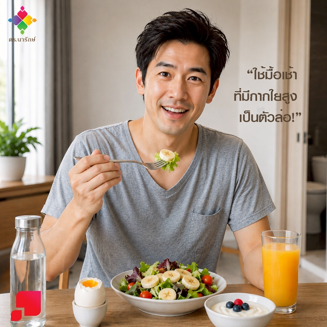 ชายยิ้มกินสลัดผักกับกล้วยเป็นมื้อเช้า มีไข่ต้มและโยเกิร์ต อาหารกากใยสูงช่วยให้ลำไส้ขับถ่ายเองโดยไม่ต้องพึ่งกาแฟ