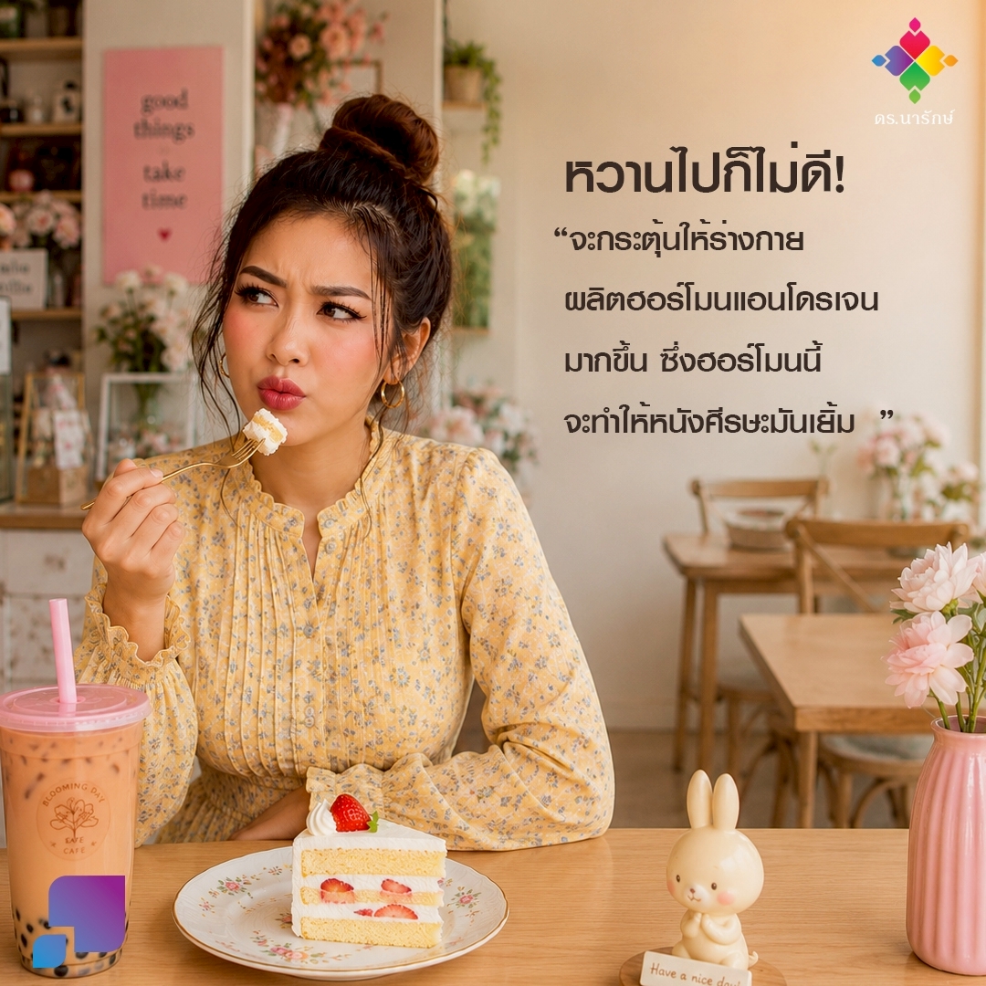 ผู้หญิงกินเค้กคู่ชานมไข่มุก อาหารน้ำตาลสูงที่อาจทำให้หนังศีรษะมันและผมร่วง