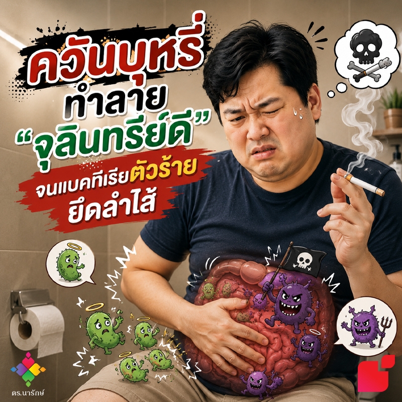 ชายสูบบุหรี่กุมท้อง ภาพการ์ตูนแบคทีเรียตัวร้ายยึดลำไส้ ผลของบุหรี่ต่อท้องผูกเรื้อรัง