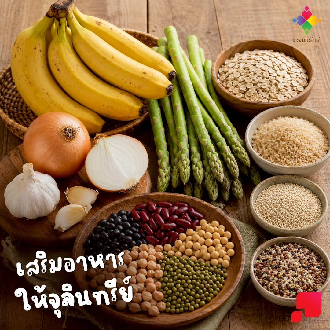 อาหารพรีไบโอติกส์ กล้วย หอมใหญ่ กระเทียม หน่อไม้ฝรั่ง ถั่วเมล็ดแห้ง และธัญพืช อาหารของจุลินทรีย์ดีในลำไส้
