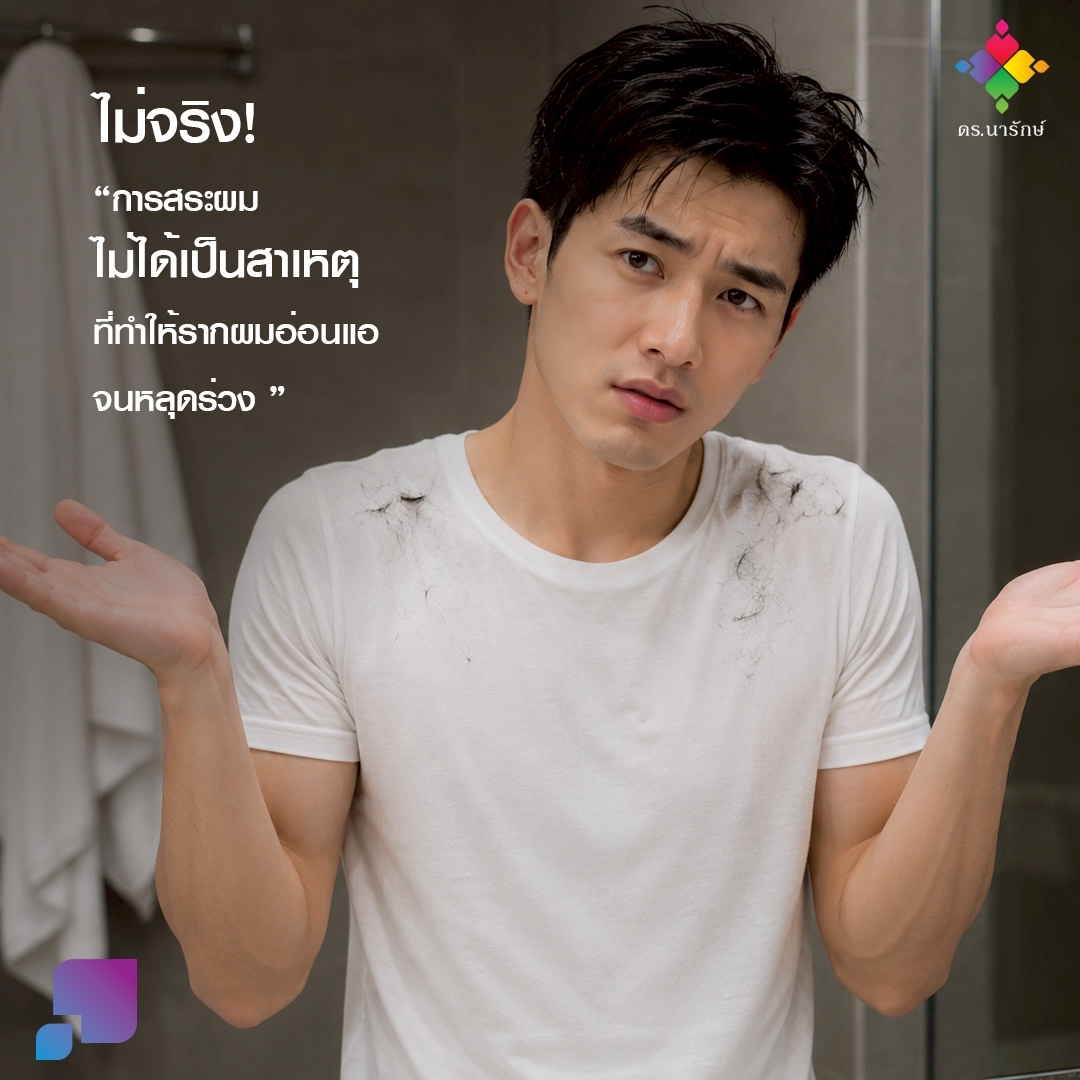 ผู้ชายยักไหล่ มีเส้นผมร่วงติดเสื้อยืด สื่อว่าการสระผมทุกวันไม่ได้ทำให้รากผมอ่อนแอ