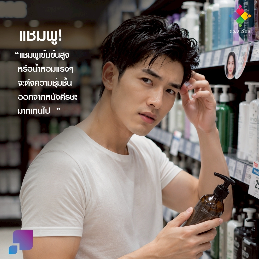 ผู้ชายเลือกแชมพูบนชั้นวาง เตือนว่าแชมพูเข้มข้นสูงดึงความชุ่มชื้นจากหนังศีรษะ