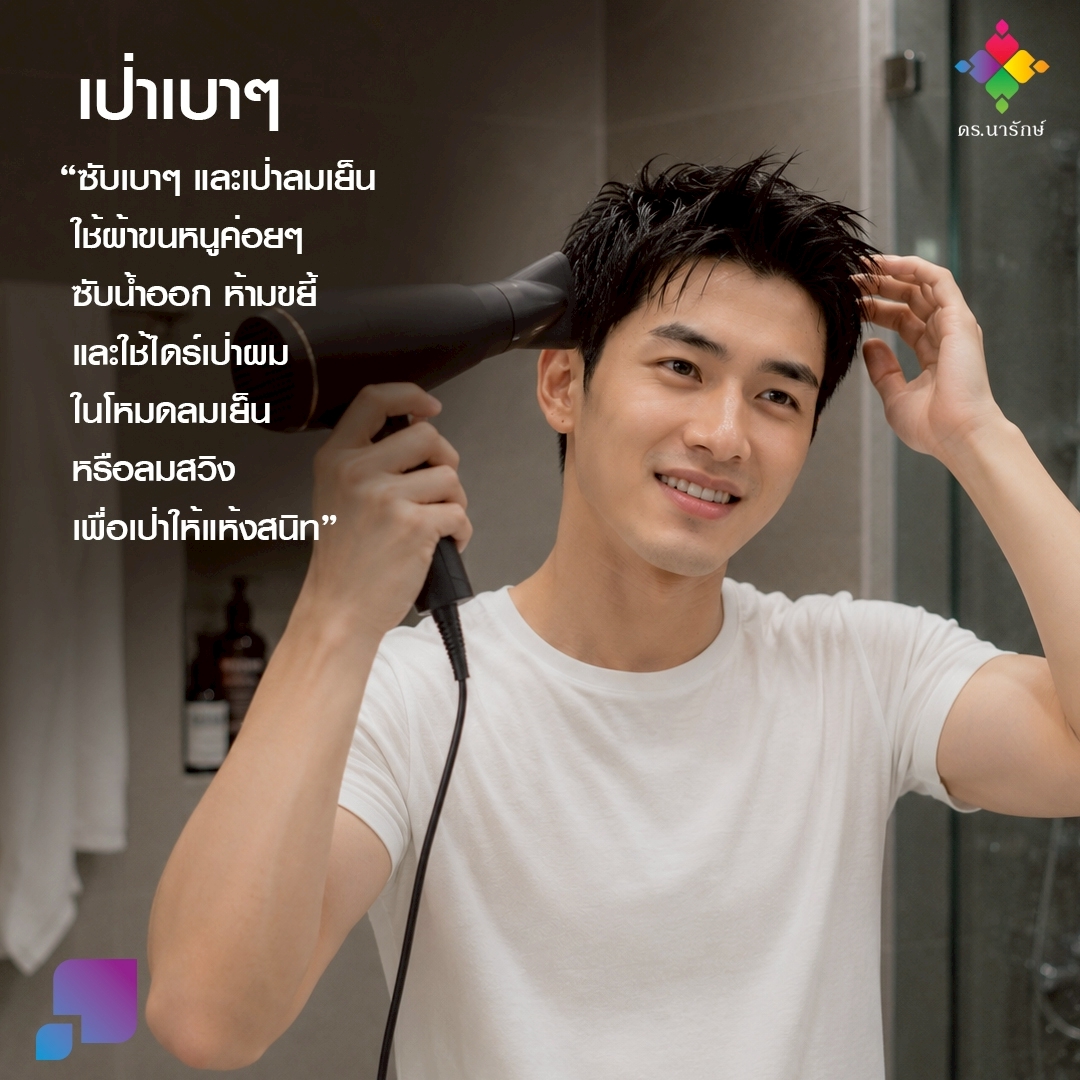 ผู้ชายเป่าผมด้วยไดร์ลมเย็นหลังสระผม ขั้นตอนสระผมทุกวันอย่างถูกวิธี