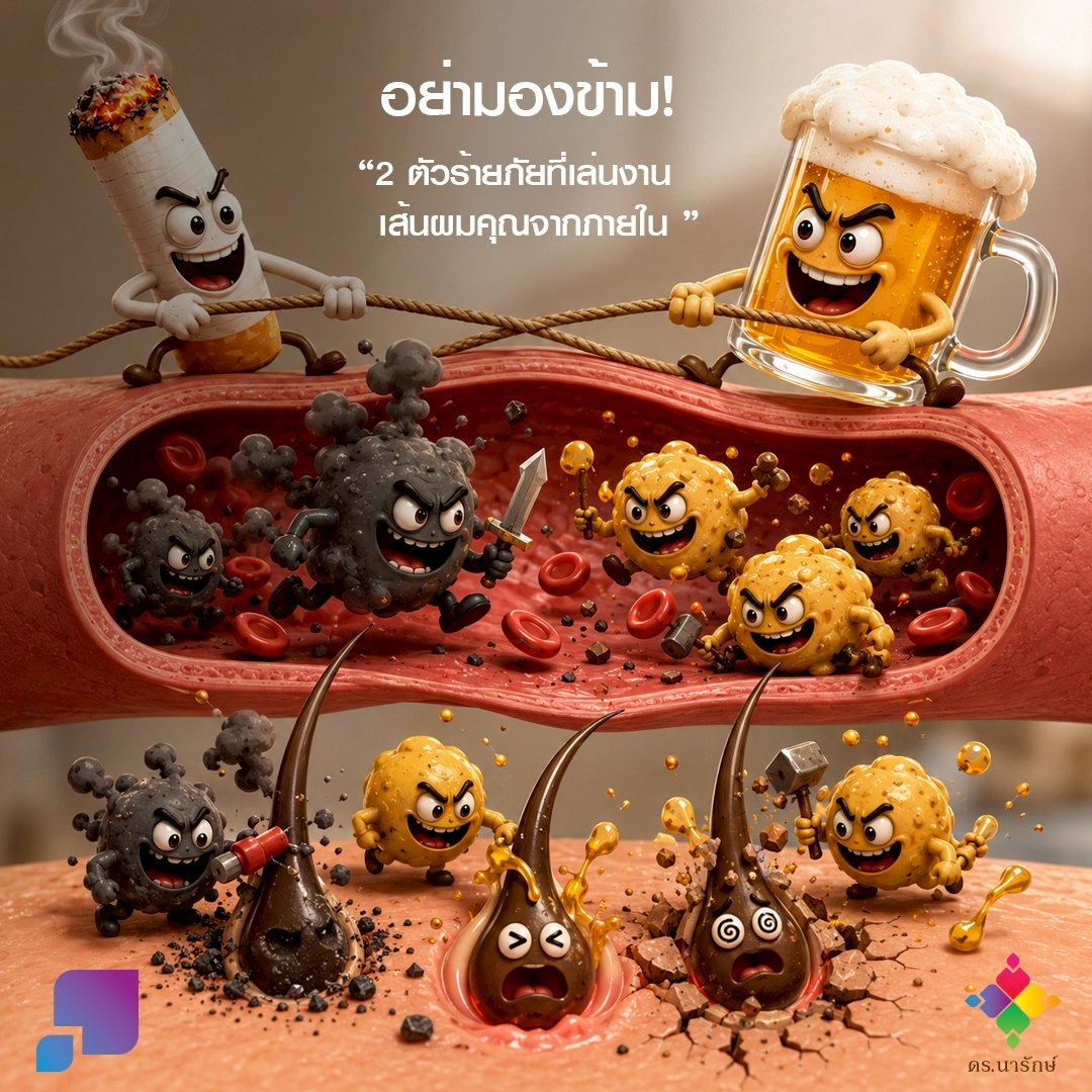 ภาพการ์ตูนบุหรี่และแก้วเบียร์ปล่อยสารพิษในหลอดเลือด เข้าไปทำร้ายรากผมใต้หนังศีรษะจนผมร่วง