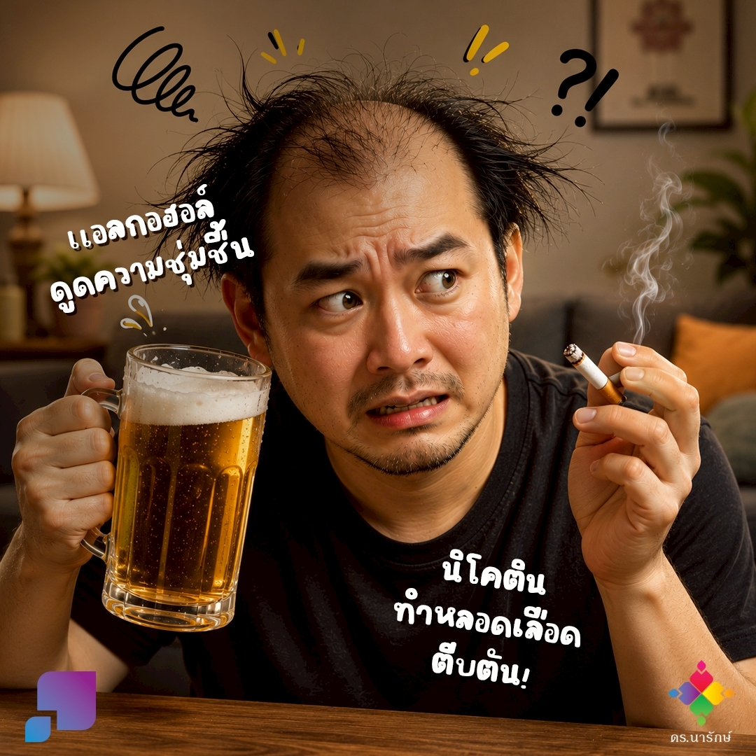 ชายผมบางถือแก้วเบียร์และบุหรี่ ข้อความว่าแอลกอฮอล์ดูดความชุ่มชื้นและนิโคตินทำหลอดเลือดตีบ