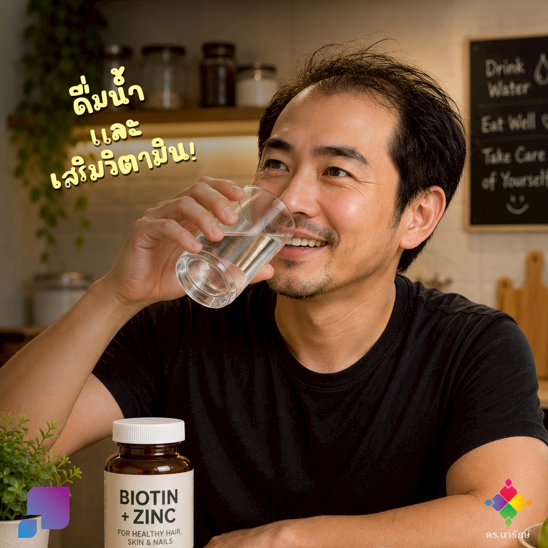 ชายยิ้มดื่มน้ำเปล่าในครัว มีขวดวิตามินไบโอตินและซิงค์วางอยู่ วิธีดูแลผมสำหรับคนสูบบุหรี่และดื่มแอลกอฮอล์
