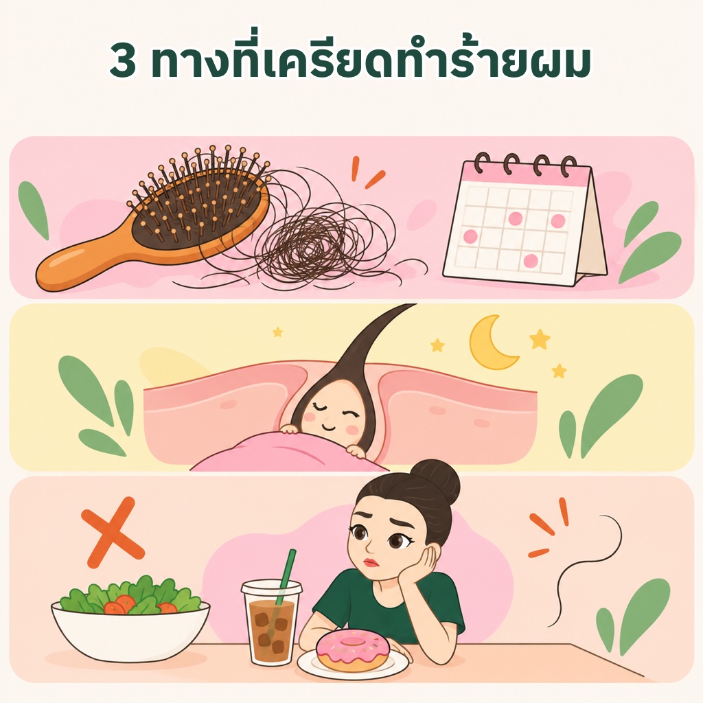 3 กลไกที่ความเครียดทำร้ายรากผม ผมเข้าระยะพักพร้อมกันแล้วร่วงหลัง 2 ถึง 3 เดือน สเต็มเซลล์รากผมหลับนานขึ้น และเครียดแล้วกินนอนไม่ดีจนรากผมขาดสารอาหาร