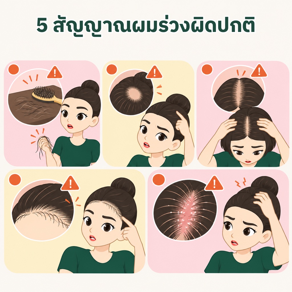 5 สัญญาณผมร่วงผิดปกติ ร่วงมากต่อเนื่องหลายสัปดาห์ ร่วงเป็นหย่อม รอยแสกกว้างขึ้น ผมใหม่เส้นเล็กลง หนังศีรษะคัน มีรังแคหรือตุ่มแดง
