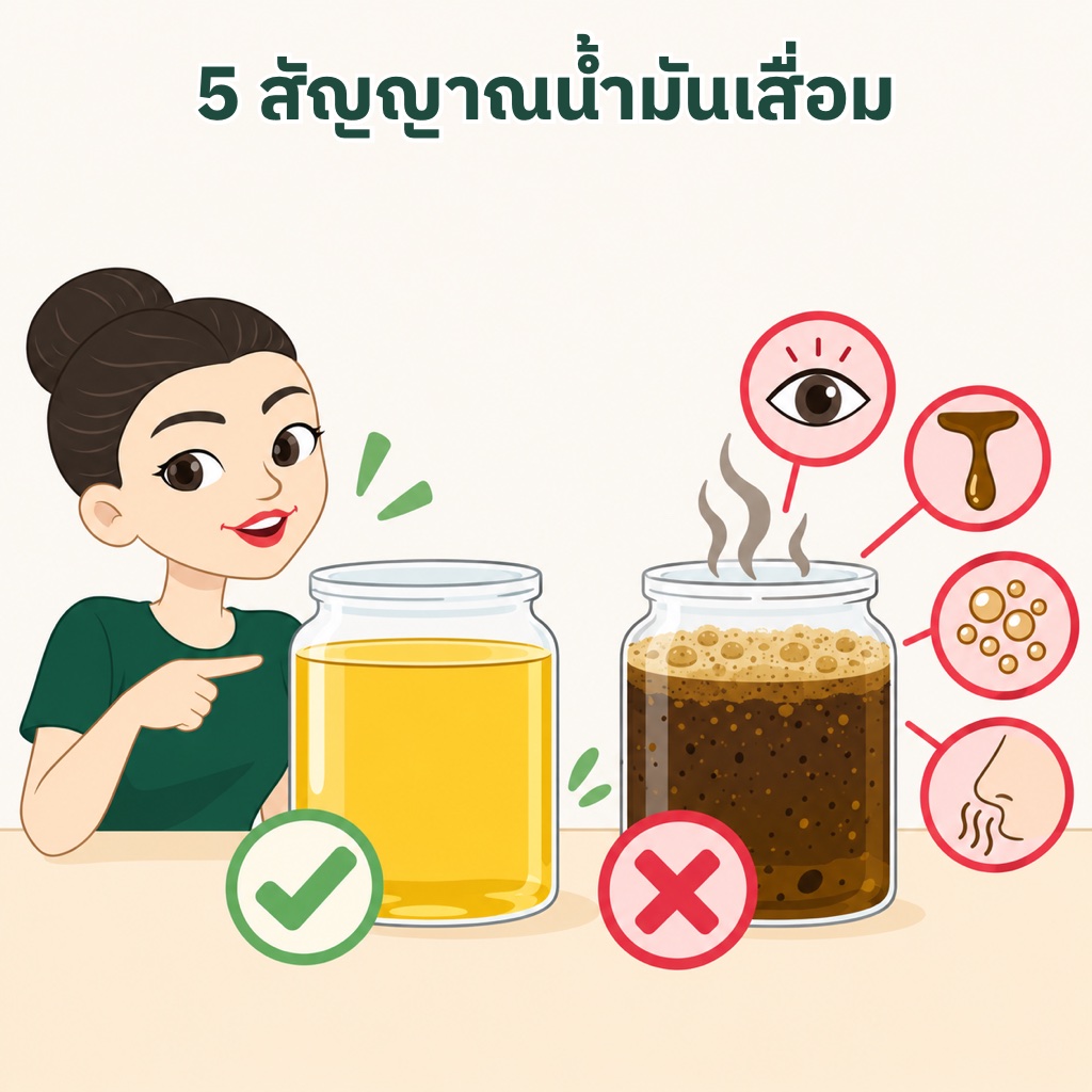 5 สัญญาณน้ำมันทอดเสื่อม สีดำคล้ำ เหนียวข้น ฟองเยอะไม่ยุบ ควันขึ้นเร็วทั้งที่ไฟไม่แรง และกลิ่นเหม็นหืนหรือเหม็นไหม้