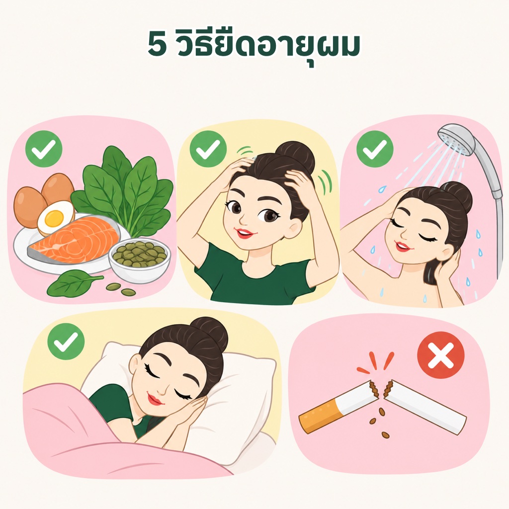 5 วิธียืดอายุเส้นผม กินโปรตีน ธาตุเหล็ก สังกะสี นวดหนังศีรษะเบาๆ สระด้วยน้ำอุณหภูมิปกติ นอนให้พอ และเลิกบุหรี่