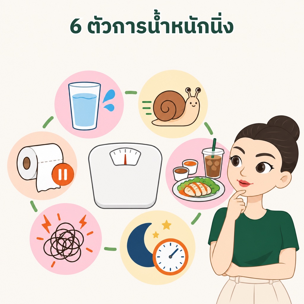 6 สาเหตุที่น้ำหนักนิ่ง น้ำในร่างกายแกว่ง ร่างกายปรับตัวเผาผลาญน้อยลง กินมากกว่าที่คิด นอนน้อย ความเครียด และท้องผูก