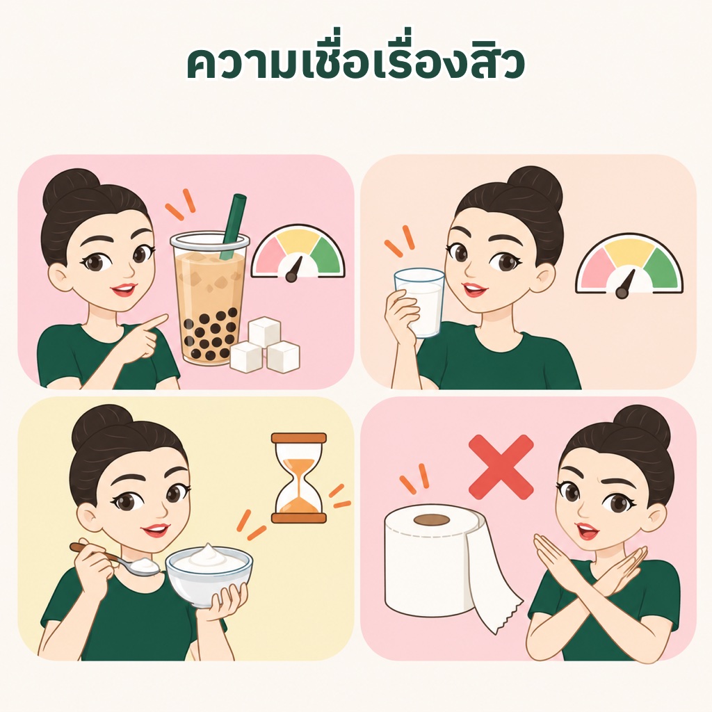ความเชื่อเรื่องสิวกับหลักฐาน อาหารน้ำตาลสูงมีหลักฐานปานกลาง นมวัวขึ้นกับแต่ละคน โพรไบโอติกส์ยังเป็นงานวิจัยช่วงต้น ท้องผูกแล้วของเสียออกทางผิวไม่มีหลักฐาน