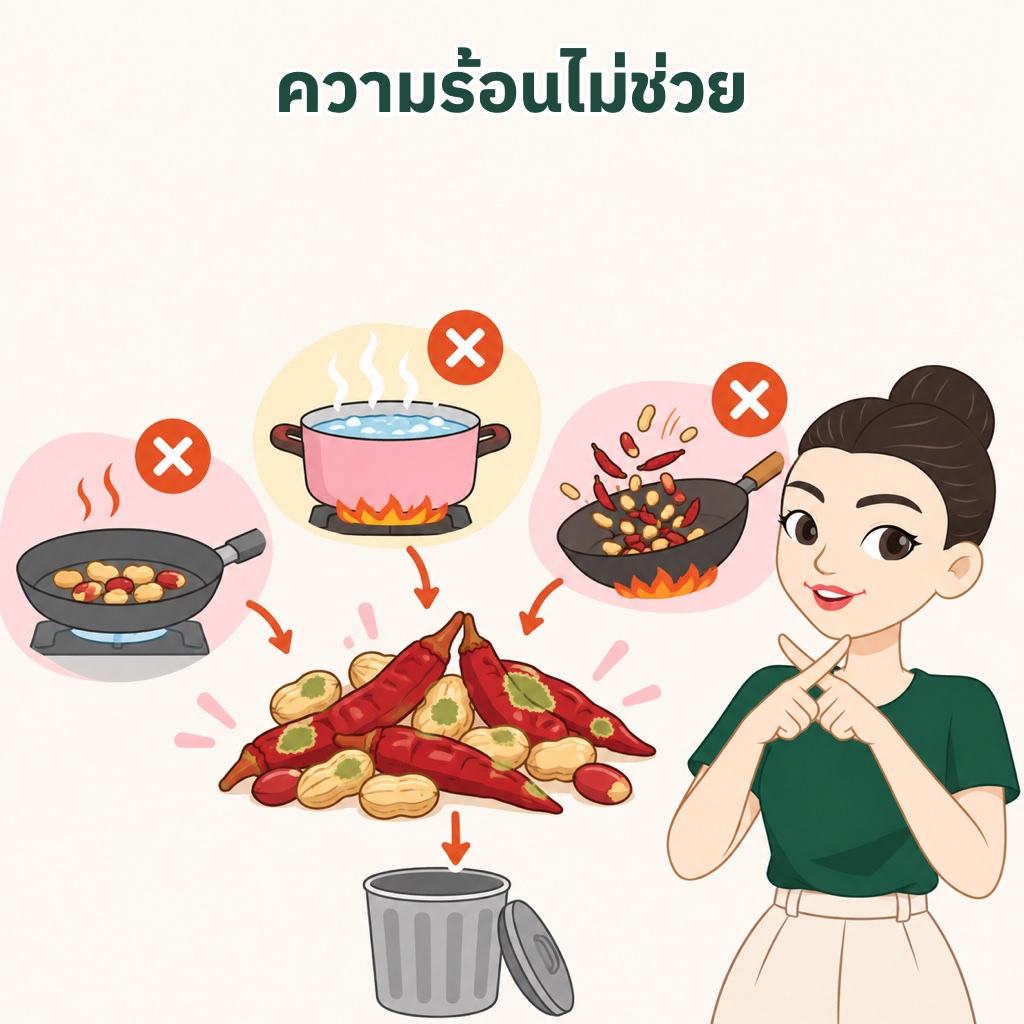 ต้ม ผัด หรือคั่วไม่ทำให้อะฟลาท็อกซินหายไป ความร้อนในครัวทำลายสารพิษได้น้อยมาก พริกแห้งและถั่วที่ขึ้นราต้องทิ้งทั้งหมด