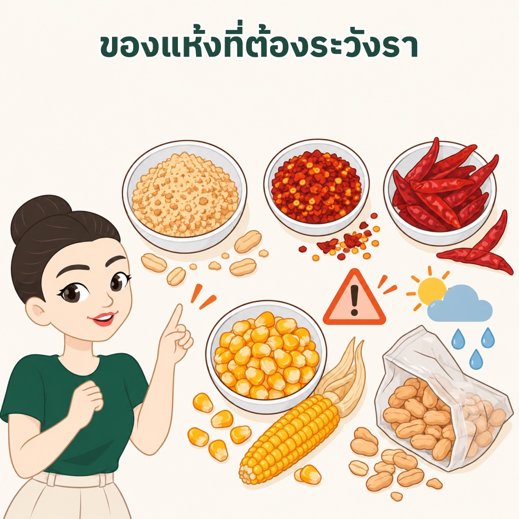 อาหารไทยเสี่ยงอะฟลาท็อกซิน ถั่วลิสงป่น พริกป่น พริกแห้ง ข้าวโพดแห้ง และถั่วหรือของแห้งที่เก็บไว้นานในที่ชื้น