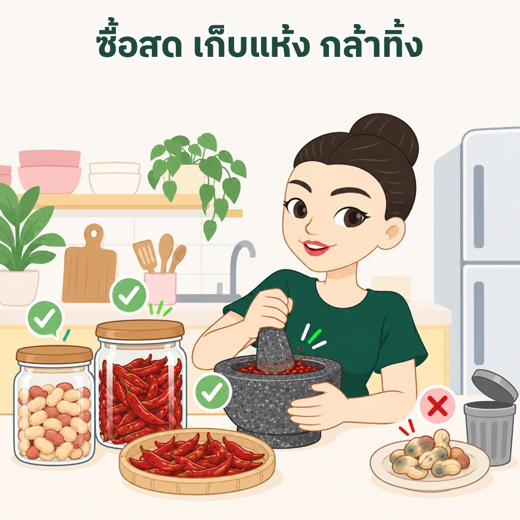 วิธีเลือกซื้อและเก็บถั่ว พริก ข้าวโพด ซื้อทีละน้อย คั่วและป่นพริกเองที่บ้าน เก็บในโหลปิดสนิทที่แห้งและเย็น และเห็นราต้องทิ้งทั้งหมด