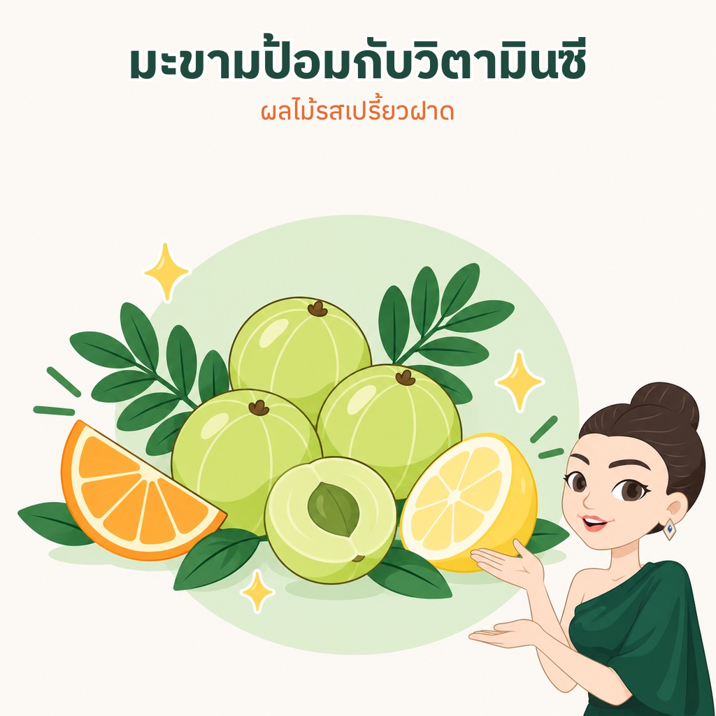 ผลมะขามป้อมสดกับส้มและมะนาวครึ่งซีก