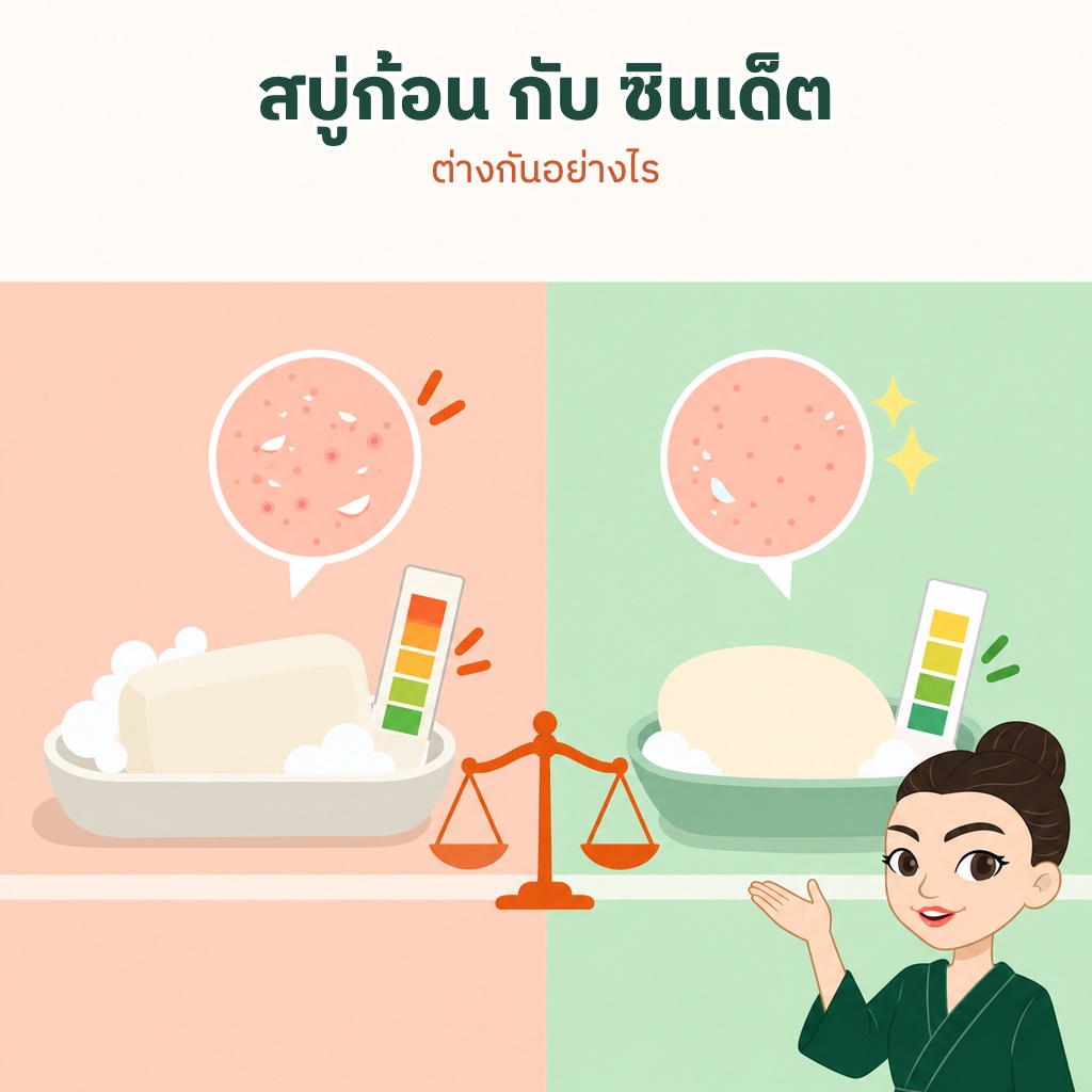 เปรียบเทียบสบู่ก้อนทั่วไปกับซินเด็ต มีแถบวัดค่า pH และตาชั่งตรงกลาง