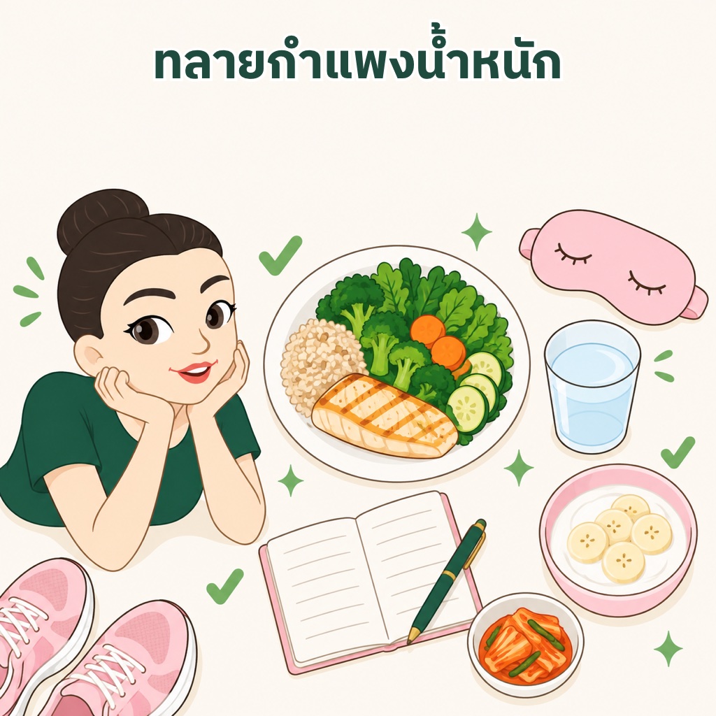 ทลายกำแพงน้ำหนักนิ่ง จดอาหาร 3 ถึง 7 วัน เพิ่มโปรตีนและผัก เติมอาหารหมักเช่นโยเกิร์ตและกิมจิ นอน 7 ชั่วโมง ดื่มน้ำ และขยับตัวทุกวัน