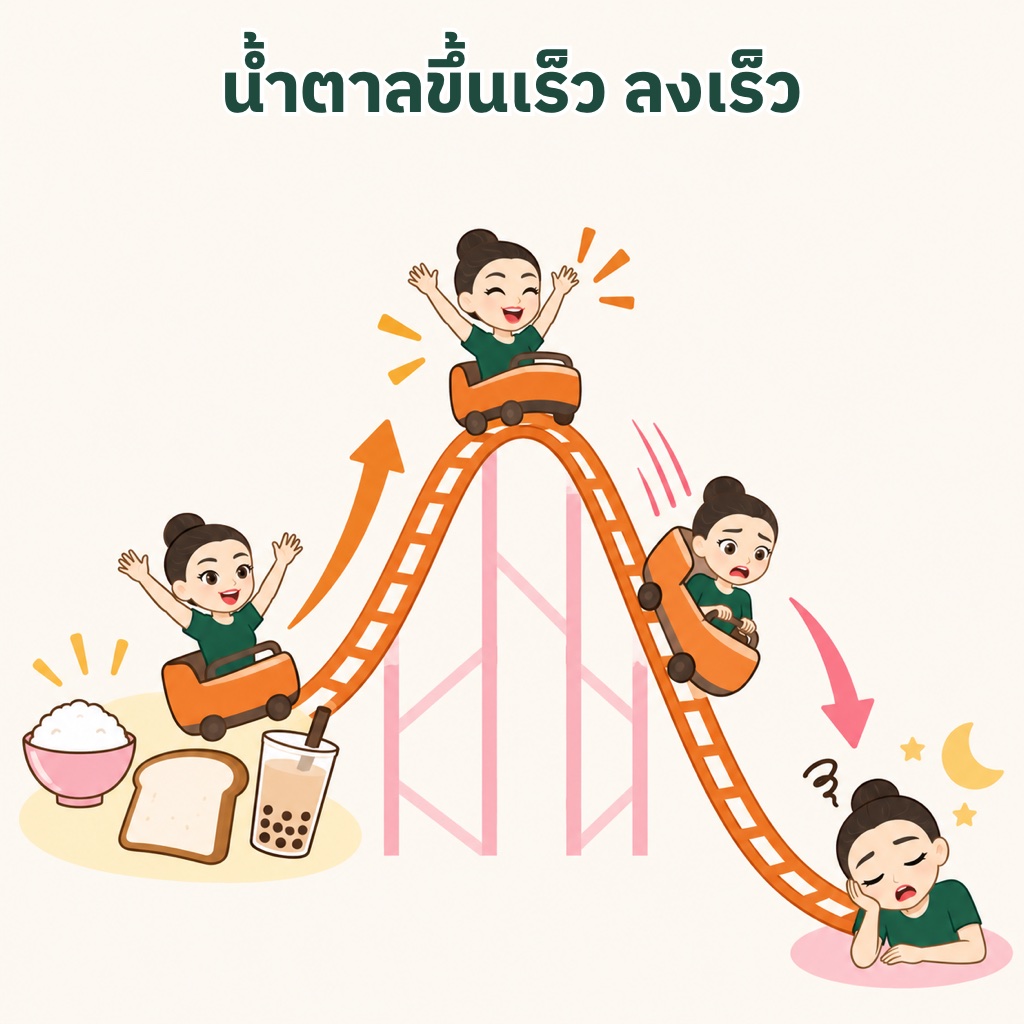 Carb Crash น้ำตาลขึ้นเร็วลงเร็ว กินข้าวขาว ขนมปังขาว ชานมไข่มุก น้ำตาลในเลือดพุ่ง อินซูลินพาน้ำตาลเข้าเซลล์ แล้วดิ่งลงจนหิวและง่วง