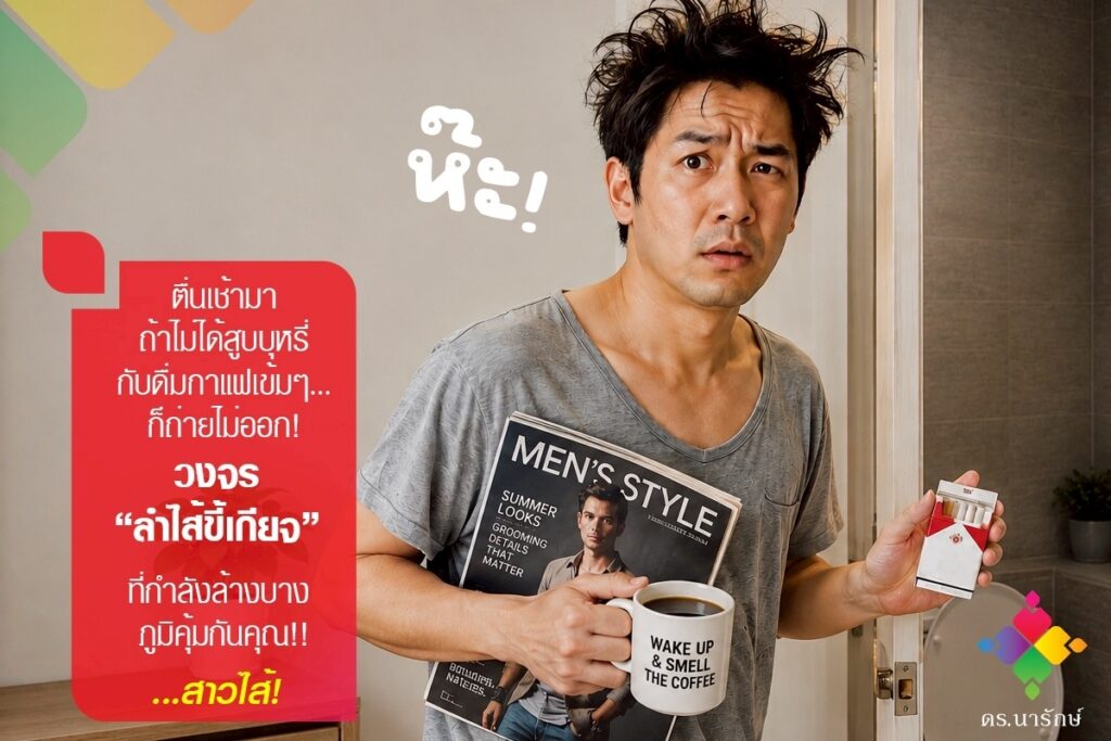 ชายผมยุ่งยามเช้าถือกาแฟดำ บุหรี่ และนิตยสารหน้าห้องน้ำ สื่อถึงการต้องพึ่งกาแฟและบุหรี่ก่อนถ่าย วงจรลำไส้ขี้เกียจ
