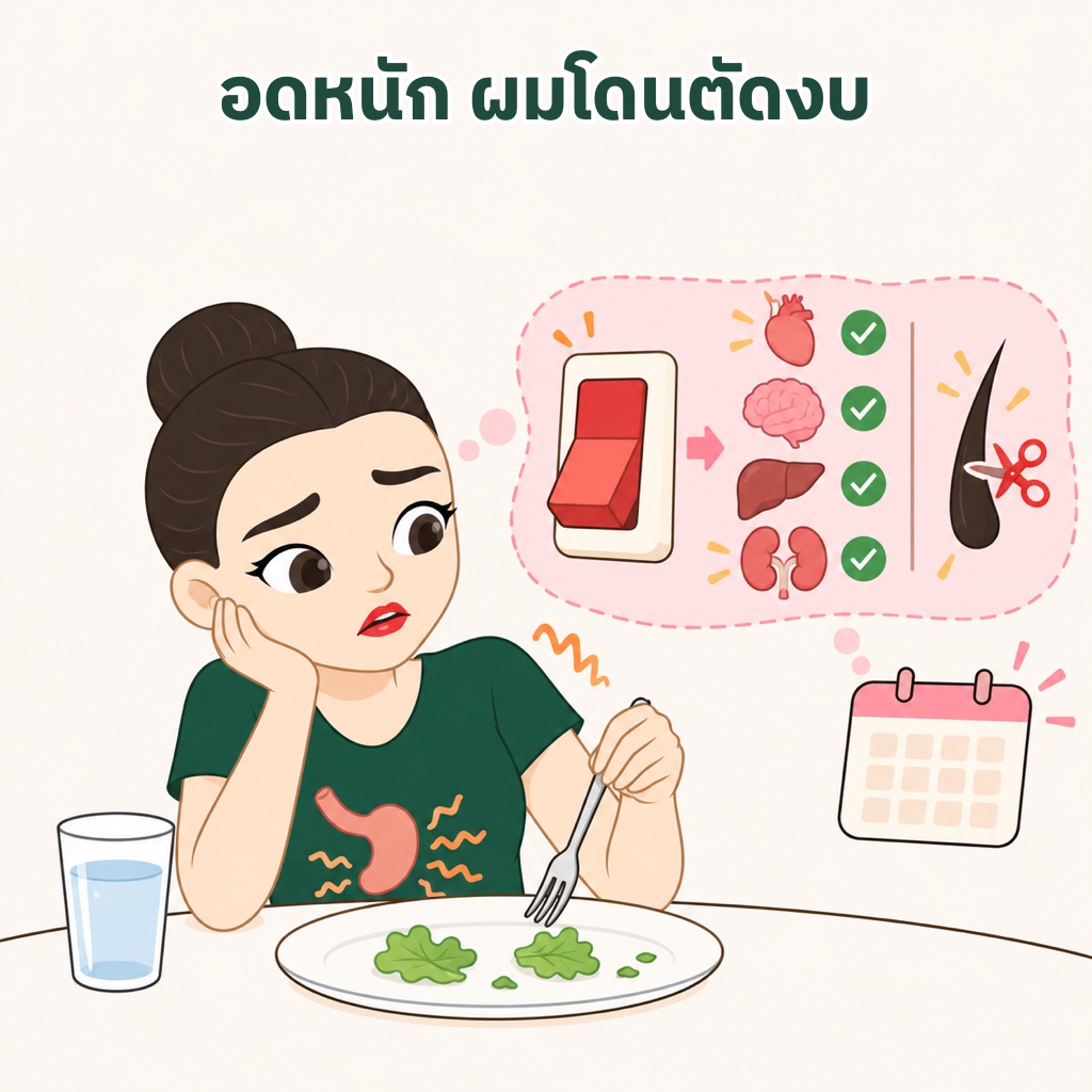 อดอาหารหนักร่างกายเปิดโหมดเอาตัวรอด ส่งพลังงานให้หัวใจ สมอง ตับ ไต ก่อน เส้นผมโดนตัดงบแล้วร่วงหลังจากนั้นราว 2 ถึง 3 เดือน