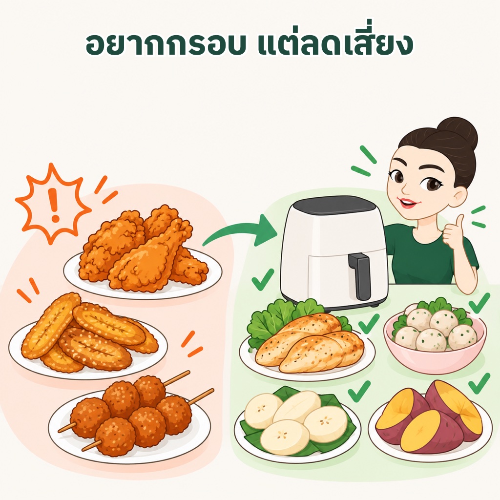 ทางเลือกแทนของทอด ไก่อบแทนไก่ทอด กล้วยนึ่งแทนกล้วยทอด มันต้มแทนมันทอด ลูกชิ้นลวกแทนลูกชิ้นทอด และใช้หม้อทอดไร้น้ำมันที่บ้าน