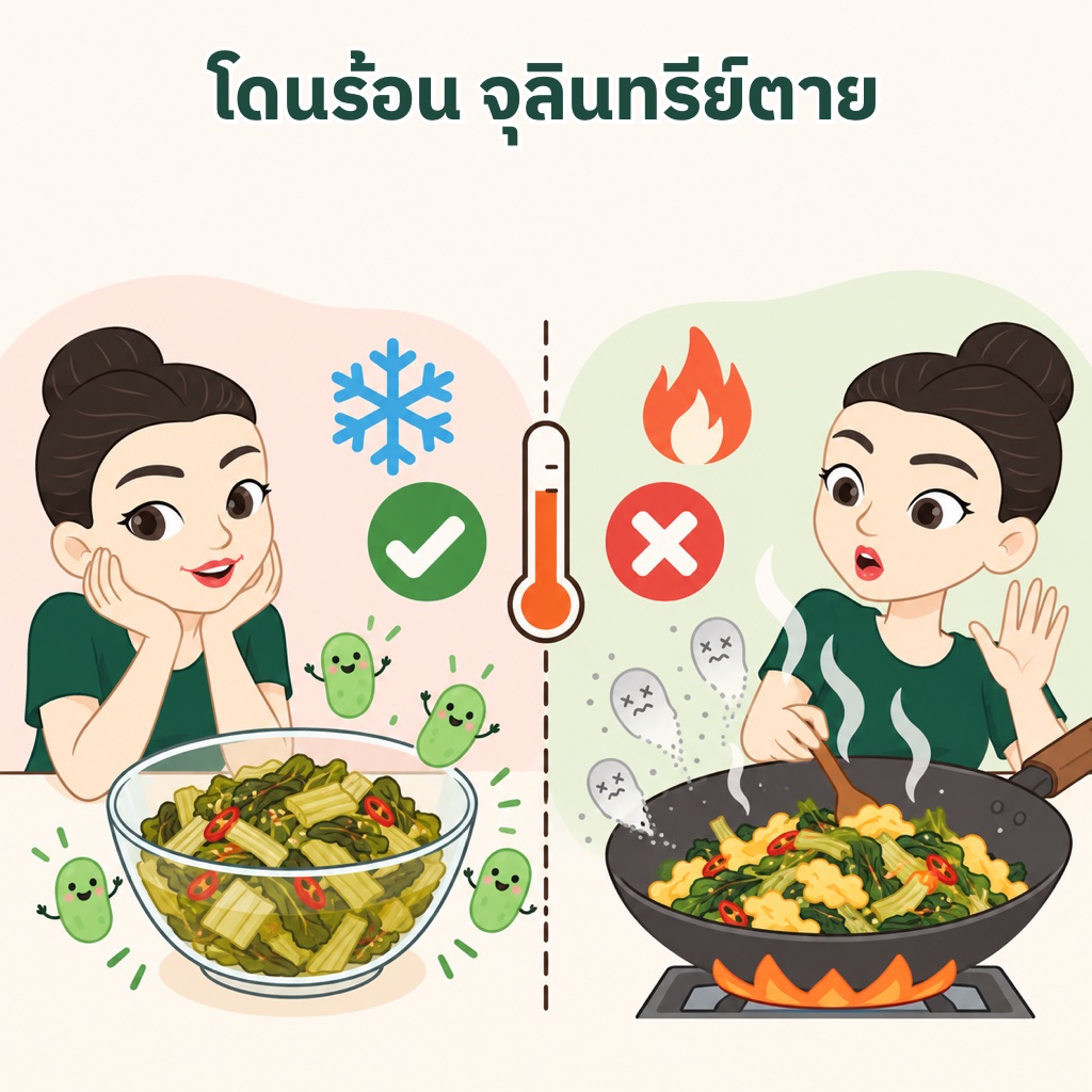 ผักกาดดองกินเย็นยังมีจุลินทรีย์มีชีวิต ส่วนผักกาดดองผัดไข่ แกงหน่อไม้ดอง และของหมักที่ผ่านความร้อน จุลินทรีย์ส่วนใหญ่ตายแล้ว