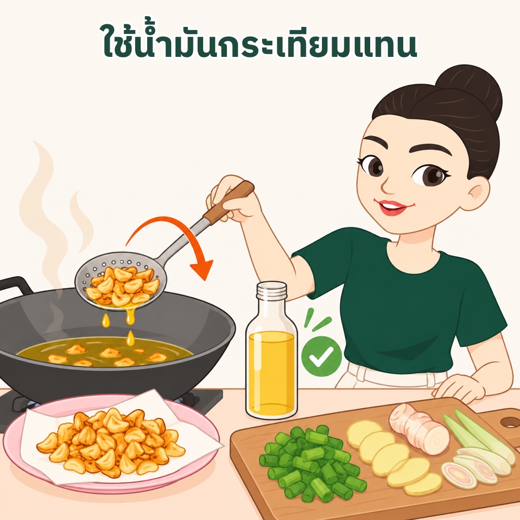 ทำอาหารไทยแบบ Low FODMAP เจียวกระเทียมแล้วตักออก ใช้น้ำมันกระเทียมผัด ต้นหอมส่วนใบ ขิง ข่า ตะไคร้ เพิ่มกลิ่นแทนกระเทียมและหอมใหญ่