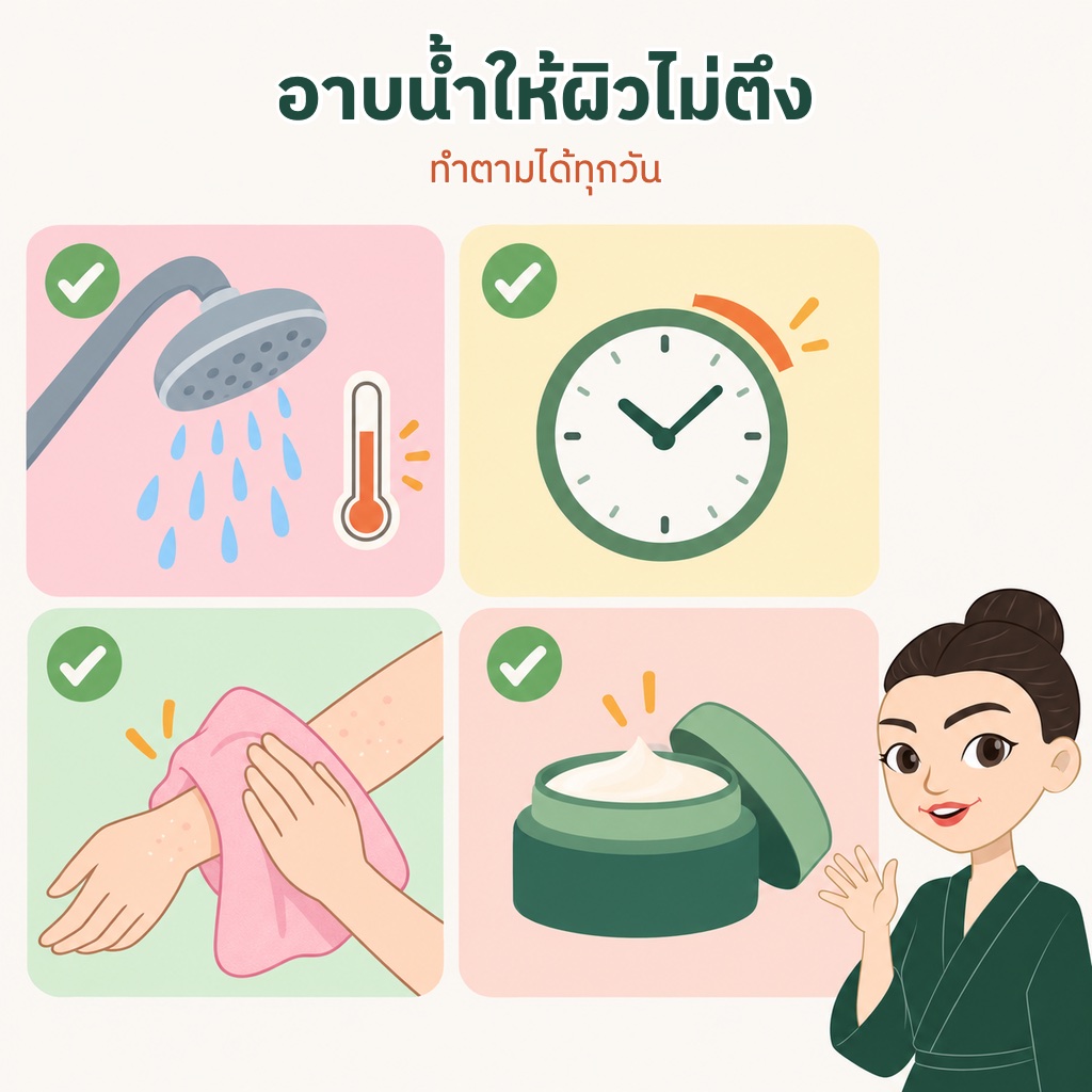 สี่ขั้นตอนอาบน้ำถนอมผิว น้ำอุ่น อาบสั้นๆ ซับตัว และทามอยส์เจอไรเซอร์