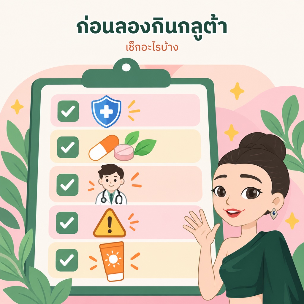 รายการเช็กลิสต์ก่อนลองกินกลูต้า เช่น เลข อย. ส่วนผสม ปรึกษาแพทย์ คำเตือน และครีมกันแดด