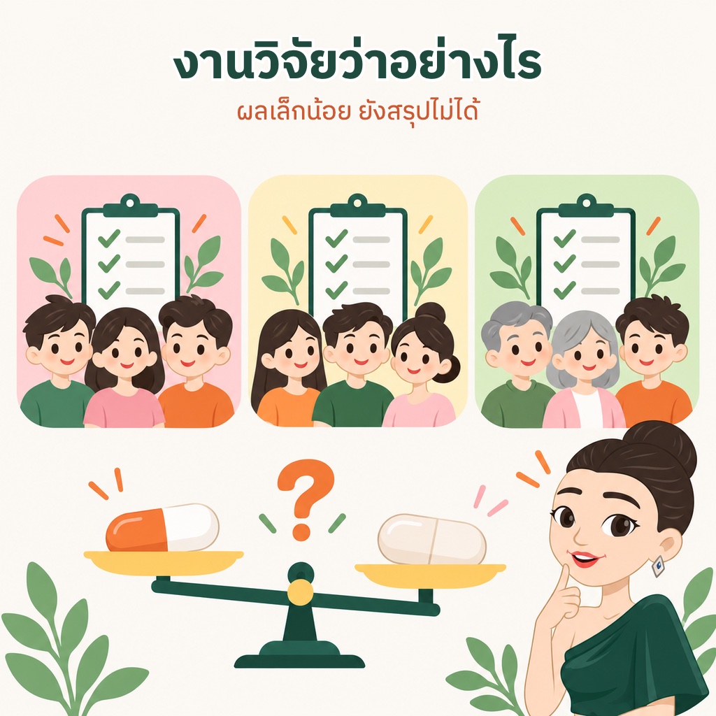 ภาพสรุปงานวิจัยกลูตาไธโอนแบบกิน มีกลุ่มคน 3 กลุ่ม และตาชั่งเทียบแคปซูลกับยาหลอก