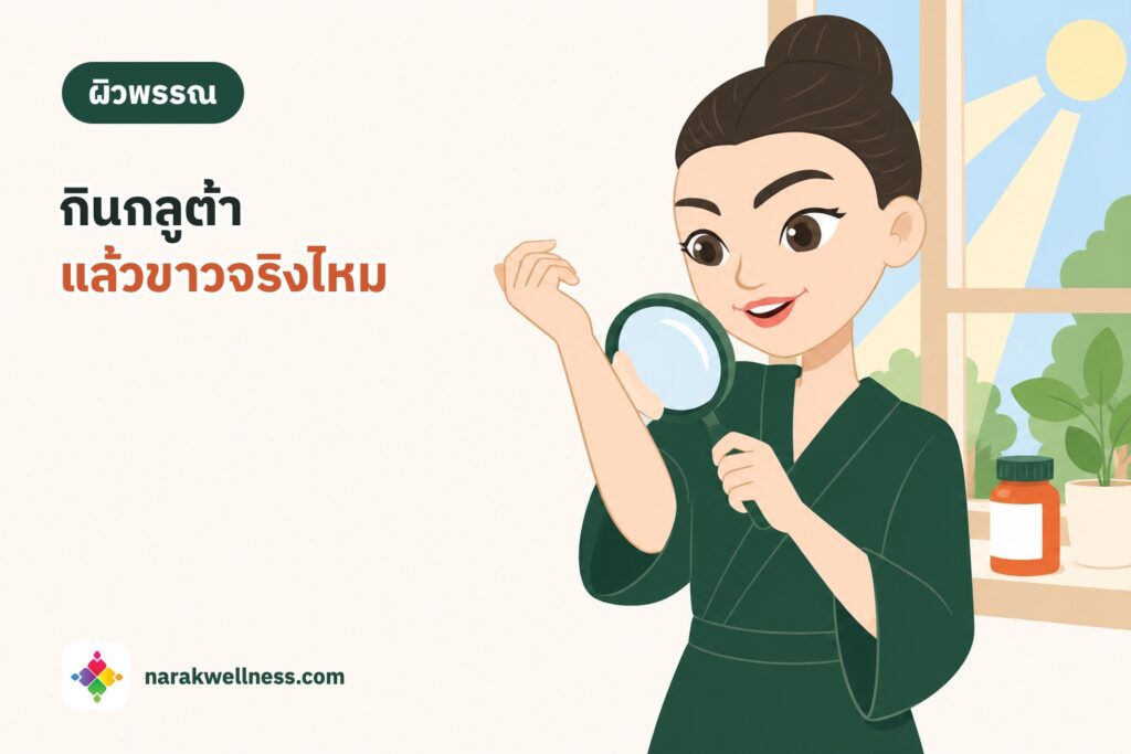 มาสคอตนารักษ์ถือแว่นขยายส่องผิวแขนข้างหน้าต่างที่มีแสงแดด