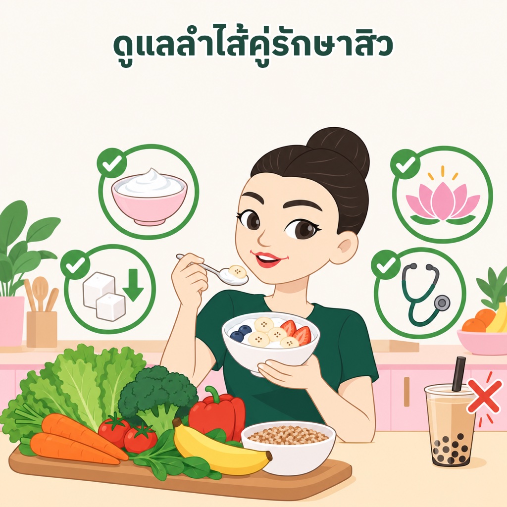 ดูแลลำไส้เพื่อผิว 4 เรื่อง กินโยเกิร์ตไม่หวานคู่ผักผลไม้และธัญพืช ลดน้ำตาลและแป้งขัดสี ดูแลความเครียด และรักษาสิวกับแพทย์ผิวหนังควบคู่กัน