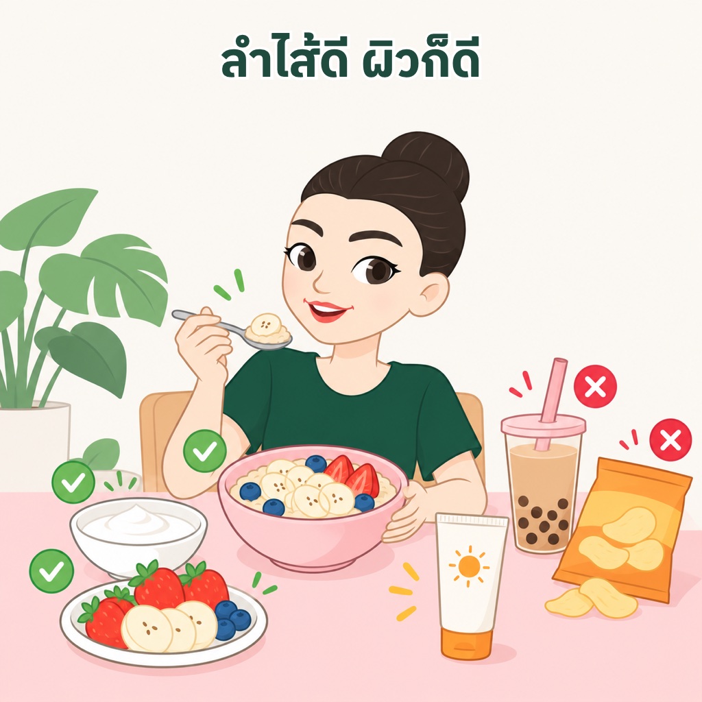 กินให้ลำไส้ดีผิวก็ดี ข้าวโอ๊ตกับกล้วยน้ำว้า โยเกิร์ตรสธรรมชาติไม่หวาน ผลไม้สด ลดชานมหวานและขนมแปรรูป และทากันแดดทุกวัน