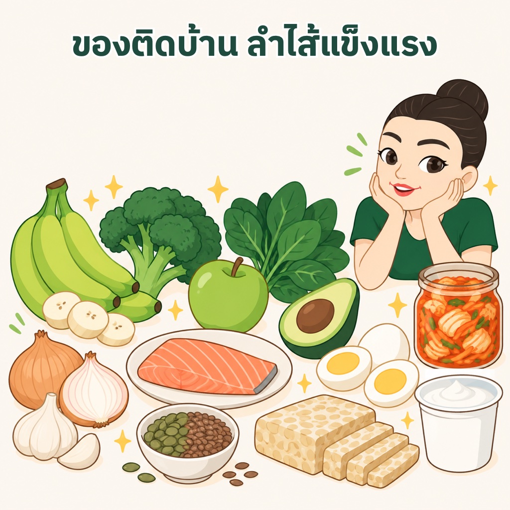 อาหารติดบ้านเพื่อลำไส้แข็งแรง กล้วยน้ำว้าห่าม แอปเปิลเขียว อะโวคาโด บรอกโคลี ผักโขม หอมใหญ่ กระเทียม ปลา ไข่ เมล็ดฟักทอง กิมจิ เทมเป้ และโยเกิร์ตรสธรรมชาติ