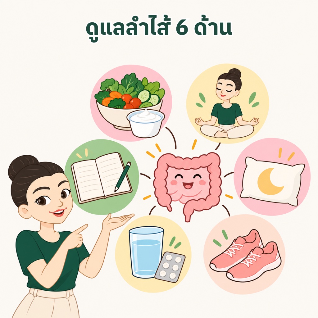 6 ด้านของการฟื้นฟูลำไส้ อาหารและจุลินทรีย์ ความเครียด การนอน การเคลื่อนไหว น้ำและยา และการจดบันทึกลำไส้