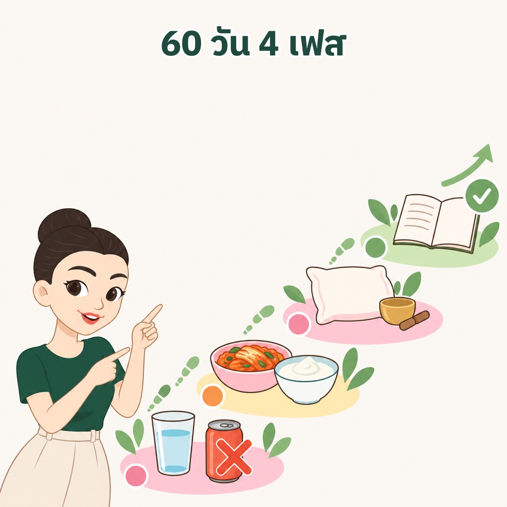 แผนฟื้นฟูลำไส้ 60 วัน 4 เฟส เฟส 1 ลดตัวกระตุ้น เฟส 2 เติมจุลินทรีย์และอาหารของมัน เฟส 3 ดูแลใจและการนอน เฟส 4 ต่อยอดเป็นนิสัยระยะยาว
