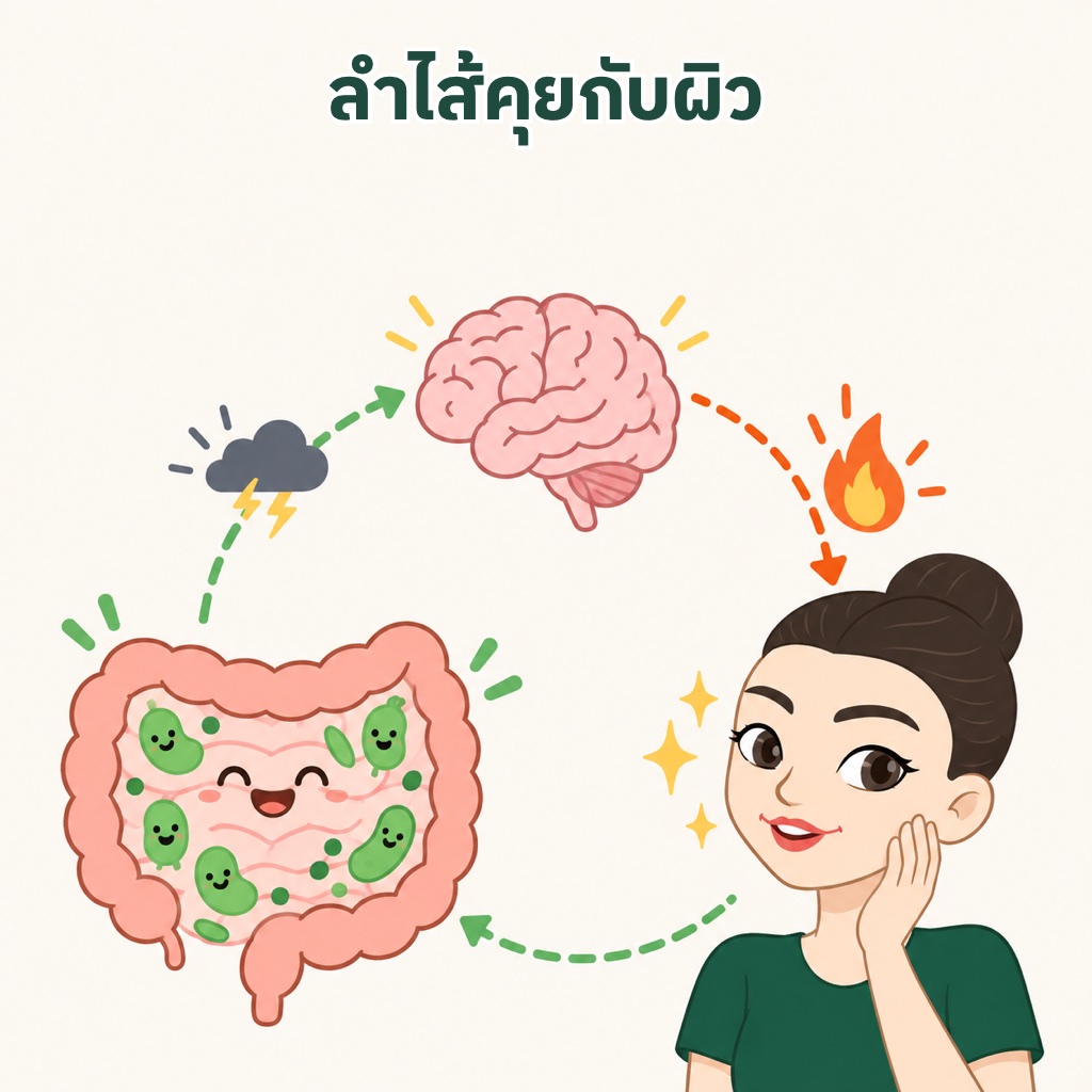 Gut-Skin Axis ลำไส้คุยกับผิวผ่านจุลินทรีย์ในลำไส้ การอักเสบ และความเครียดผ่านแกนสมอง ลำไส้ ผิว