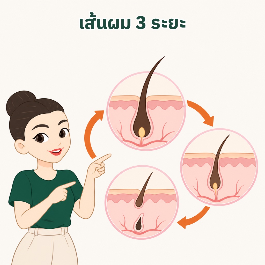 วงจรชีวิตเส้นผม 3 ระยะ ระยะเติบโต Anagen ราว 2 ถึง 7 ปี ระยะหยุดเติบโต Catagen ราว 2 ถึง 3 สัปดาห์ ระยะพัก Telogen ราว 2 ถึง 4 เดือน