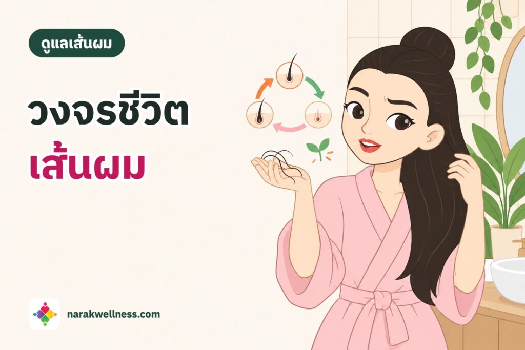 วงจรชีวิตเส้นผมมีกี่ระยะ ผู้หญิงไทยผมยาวดำเงางามสางผมและมองเส้นผมในฝ่ามือด้วยความสงสัย ในห้องน้ำโทนครีม