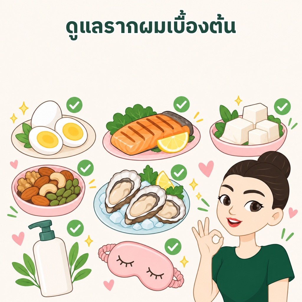 ดูแลรากผมเบื้องต้น กินโปรตีนจากไข่ ปลา เต้าหู้ ธาตุเหล็กและสังกะสีจากถั่วและหอยนางรม ใช้แชมพูอ่อนโยน นวดด้วยปลายนิ้ว นอนให้พอ