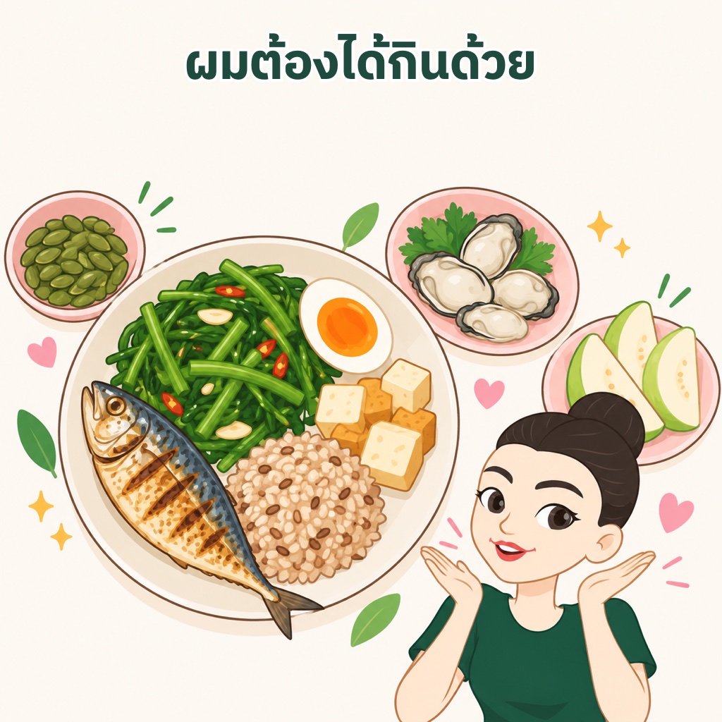 อาหารบำรุงผมตอนลดน้ำหนัก โปรตีนจากปลาทู ไข่ เต้าหู้ ธาตุเหล็กจากผักใบเขียว สังกะสีจากหอยนางรมและเมล็ดฟักทอง และข้าวกล้องในปริมาณพอดี