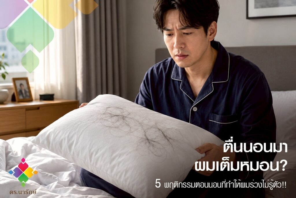 ผู้ชายในชุดนอนนั่งมองหมอนที่มีเส้นผมร่วงเต็มหมอนหลังตื่นนอนด้วยสีหน้ากังวล