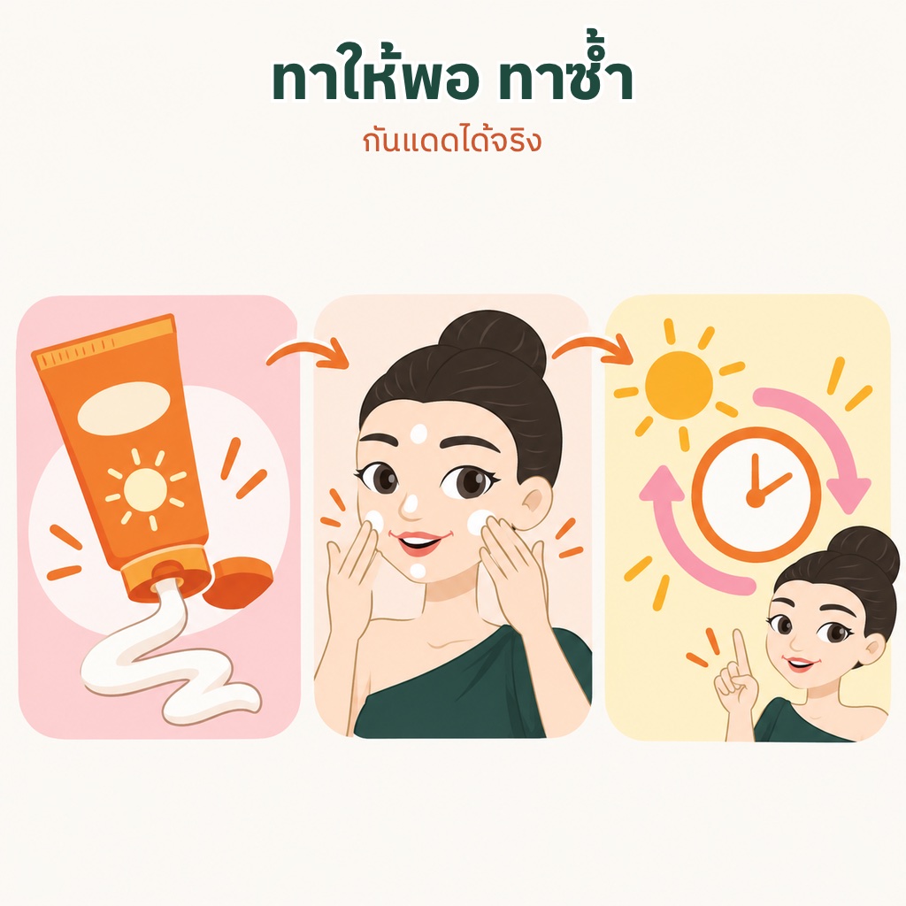 สามขั้นตอนทาครีมกันแดด บีบครีมให้พอ ทาให้ทั่วใบหน้า และทาซ้ำตามเวลา