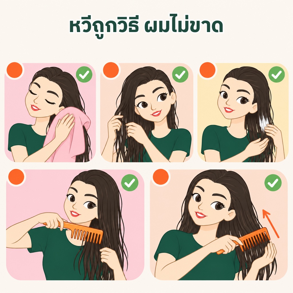 วิธีหวีผมไม่ให้ขาด ซับผมด้วยผ้าไม่ขยี้ ใช้นิ้วสางปมก่อน ชโลมครีมนวด ใช้หวีซี่ห่าง และเริ่มหวีจากปลายผมขึ้นไปหาโคน