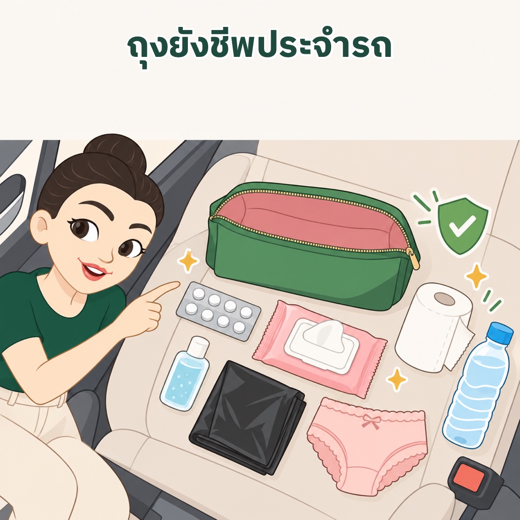 ถุงยังชีพฉุกเฉินในรถสำหรับคนลำไส้แปรปรวน ยาหยุดถ่ายที่ปรึกษาเภสัชกรแล้ว ทิชชู่เปียก กระดาษชำระ เจลล้างมือ ถุงขยะทึบ ชุดชั้นในสำรอง และน้ำเปล่า
